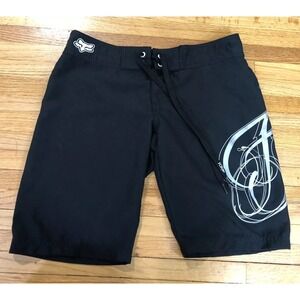 Fox Racing Mens Swim Shorts 30 Black Graphic Print Drawstring Waist Y2k Vintage